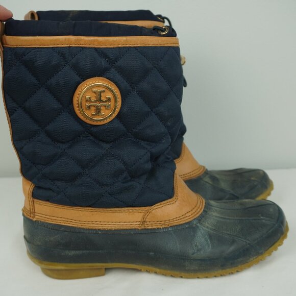 Tory Burch DENAI Quilted Rain Bootie Navy Blue Quilted Rubber Boots‎ Size 8 - Picture 1 of 6